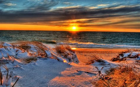 Winter beach sunset